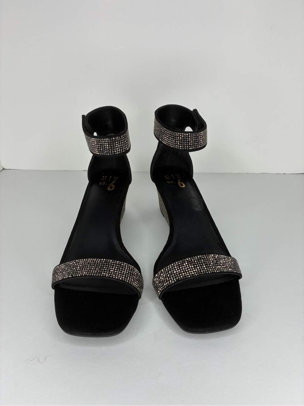 Mix No. 6 Black Ankle-Strap Block Heels with Rhinestone Straps